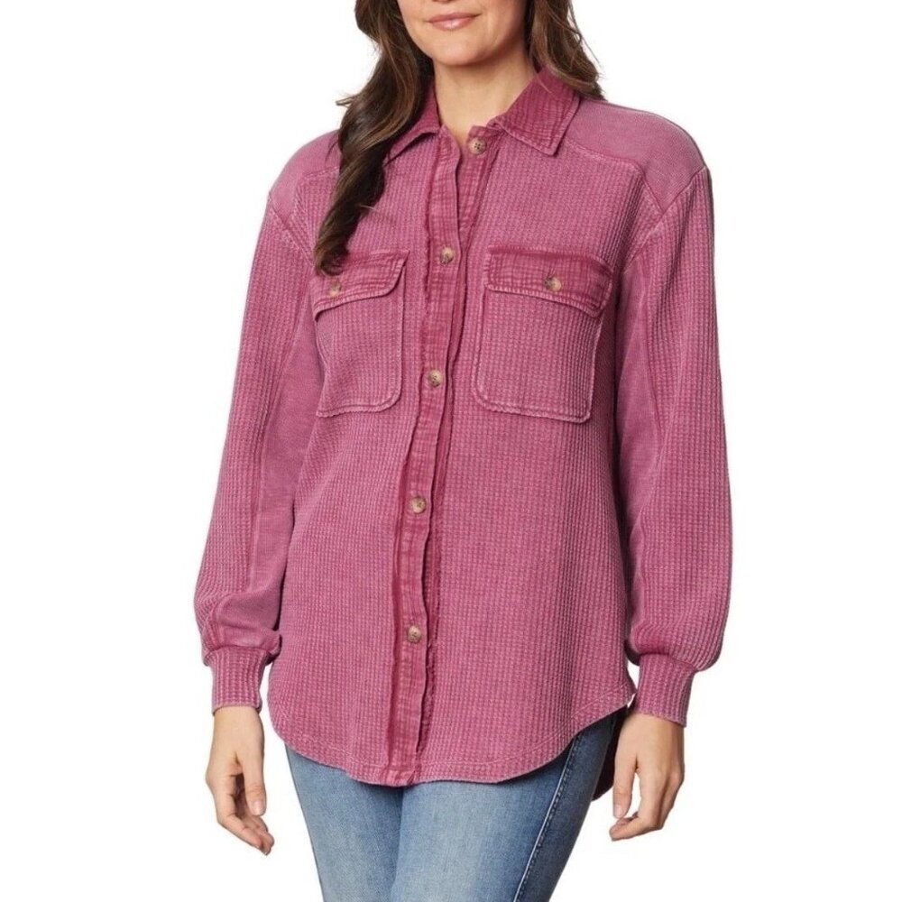 Briggs Women's M Dark Pink Button-Up Long Sleeve Waffle Knit Shirt M0679
